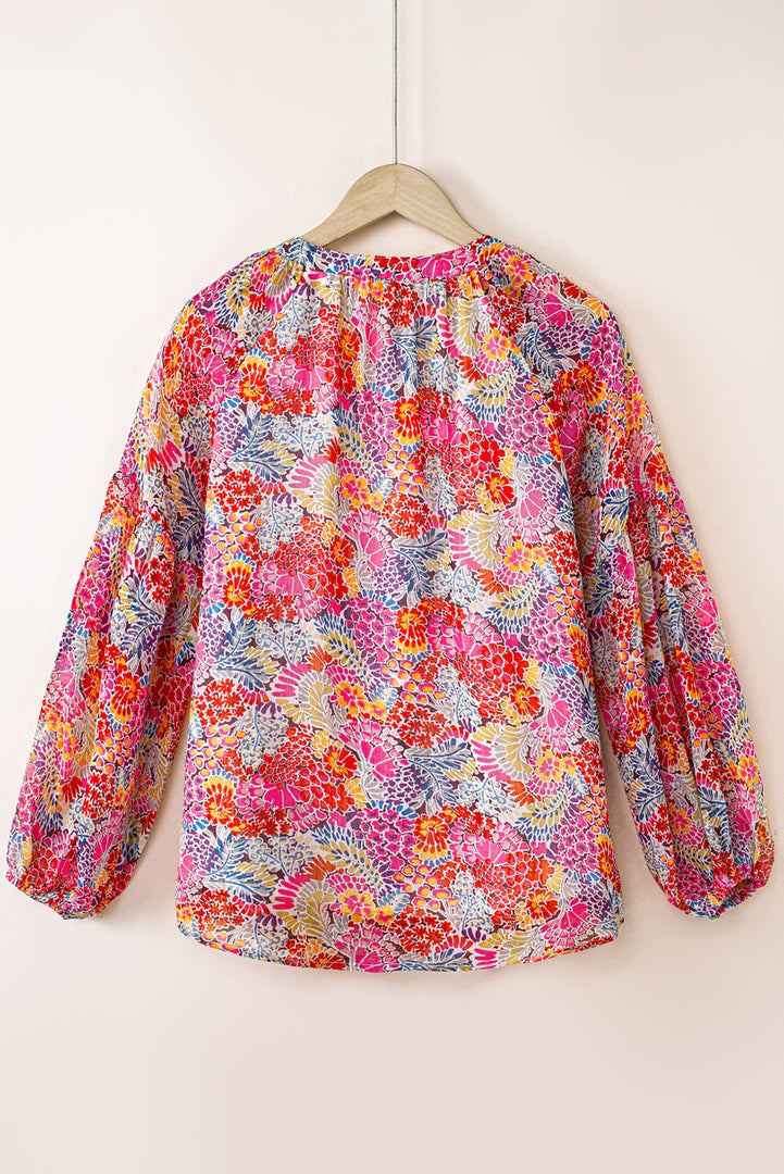 Fiery Red White Floral Print V Neck Long Puff Sleeve Top - Fashion Queen -  3