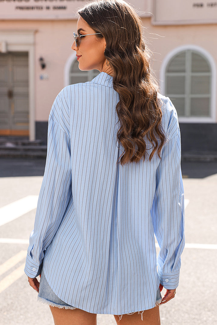 Green Stripe Button Up Oversized Casual Shirt - Fashion Queen -  17