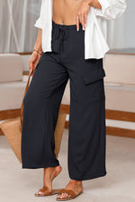 Load image into Gallery viewer, Black Drawstring Frilled Waist Wide Leg Utility Trousers
