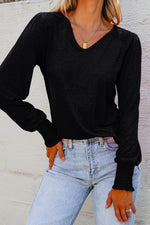 Load image into Gallery viewer, Black Shirred Shoulder Frilled Cuffs Long Sleeve Top - Fashion Queen -  5
