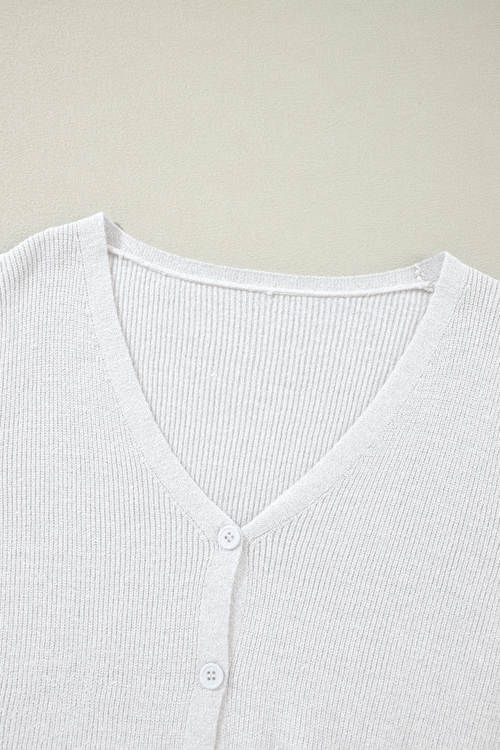 White Lightweight Ribbed Knit Button Front V Neck Cardigan