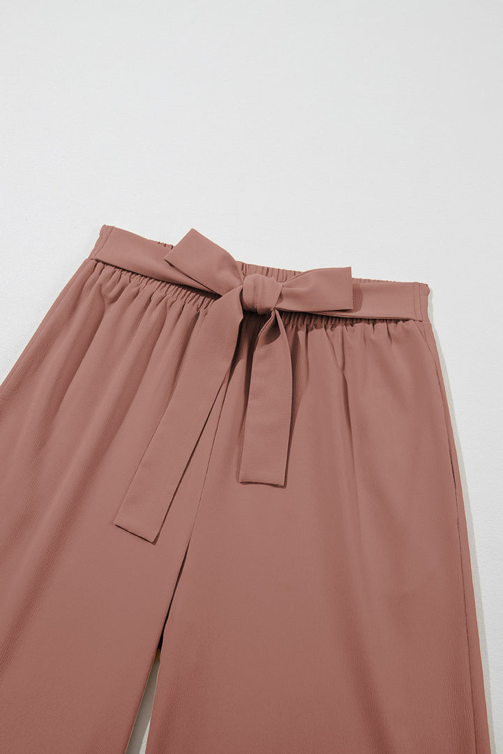 Coffee High Waisted Tie Front Side Pocket Wide Leg Flowy Casual Pants
