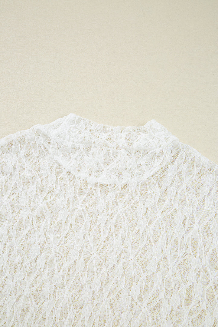 White Sheer Lace Bell Sleeve Mock Neck Blouse - Fashion Queen -  10
