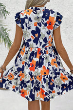 Load image into Gallery viewer, Orange Floral Print Notched Neck Flutter Sleeve Mini Dress - Fashion Queen -  2
