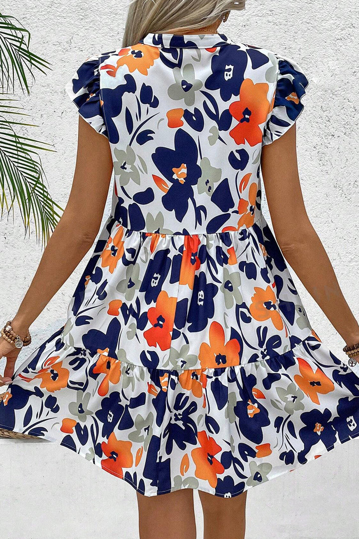 Orange Floral Print Notched Neck Flutter Sleeve Mini Dress - Fashion Queen -  2