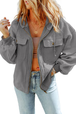 Load image into Gallery viewer, Black Flap Pocket Drawstring Hood Zip Up Jacket
