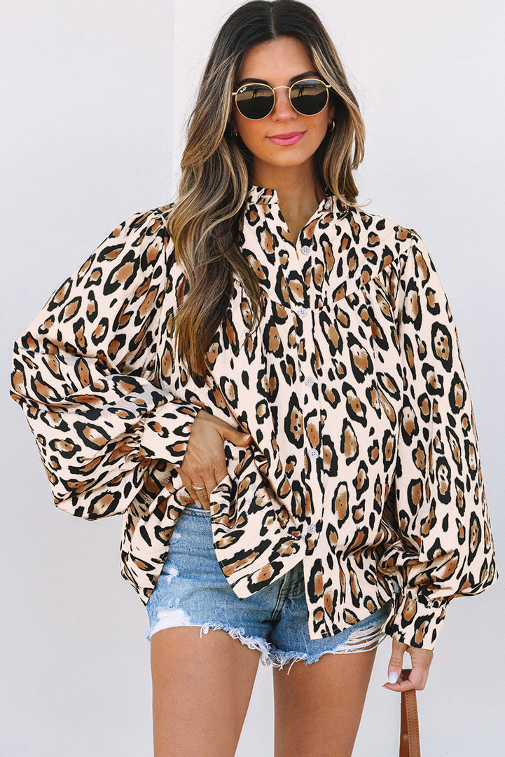 Rose Red Oversized Leopard Print Balloon Sleeve Casual Shirt