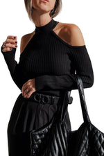 Load image into Gallery viewer, Black Ribbed Knit Cold Shoulder Choker Neck Sweater
