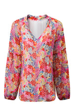 Load image into Gallery viewer, Fiery Red White Floral Print V Neck Long Puff Sleeve Top - Fashion Queen -  11
