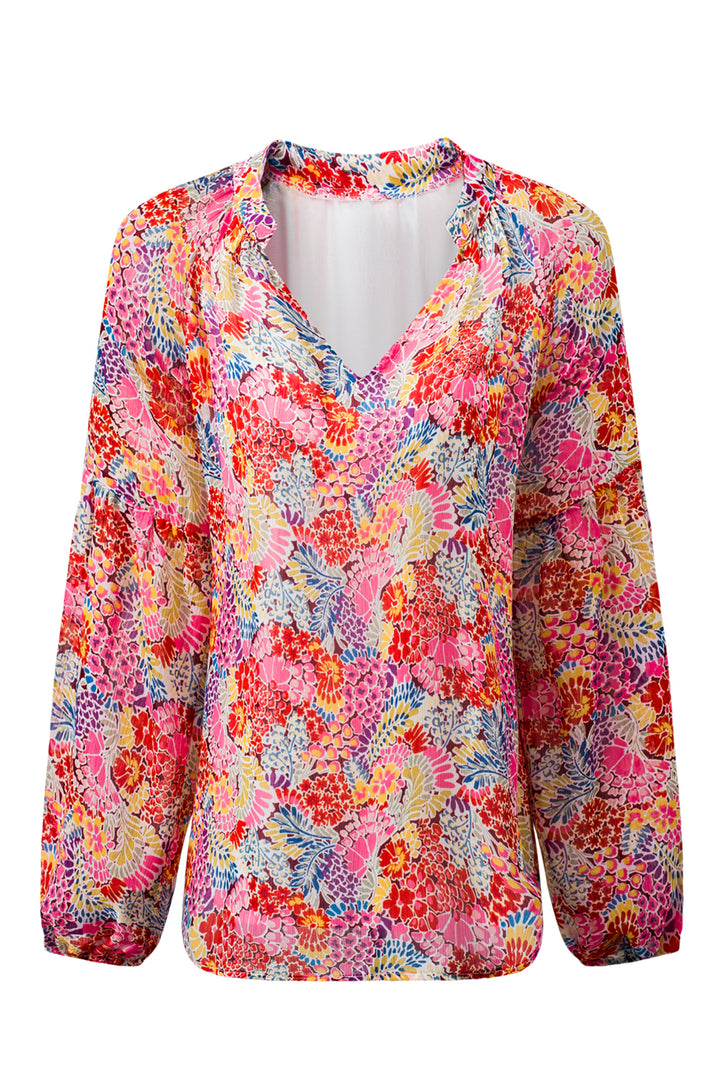 Fiery Red White Floral Print V Neck Long Puff Sleeve Top - Fashion Queen -  11