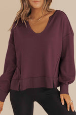 Load image into Gallery viewer, Casual Waffle Knit Notched V Neck Drop Shoulder Solid Sweatshirt
