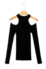 Load image into Gallery viewer, Black Ribbed Knit Cold Shoulder Choker Neck Sweater
