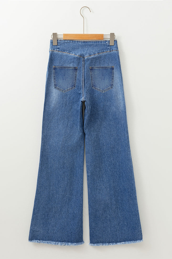 Sail Blue High Waist Button Fly Seamed Raw Hem Flare Jeans