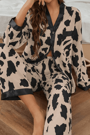 Khaki Cheetah Contrast Trim Loose Fit Two Piece Sleepwear - Fashion Queen -  1