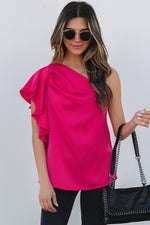 Load image into Gallery viewer, Strawberry Pink Asymmetric Shoulder Ruffle Sleeve Elegant Blouse
