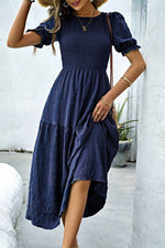 Load image into Gallery viewer, Sail Blue Solid Textured Smocked Puff Short Sleeve High Waist Long Dress - Fashion Queen -  6
