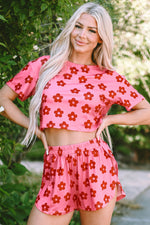 Load image into Gallery viewer, Rose Floral Print Crop Tee and Shorts Lounge Set
