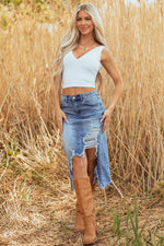 Load image into Gallery viewer, Myosotis Irregular Distressed Bottom Denim Midi Skirt
