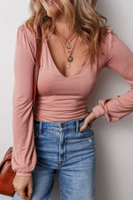 Load image into Gallery viewer, Fushia Plain V neck Long Sleeve Casual Bodysuit
