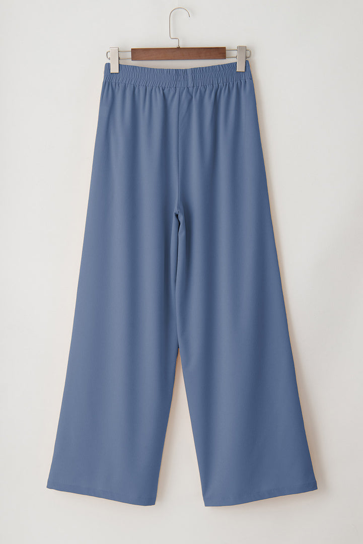 Sail Blue High Waisted Tie Front Side Pocket Wide Leg Flowy Casual Pants