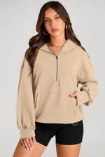 Load image into Gallery viewer, Light Grey Solid Kangaroo Pocket Half Zipper Oversized Hoodie - Fashion Queen
