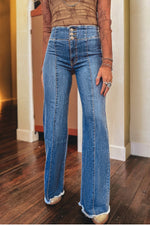 Load image into Gallery viewer, Sail Blue High Waist Button Fly Seamed Raw Hem Flare Jeans