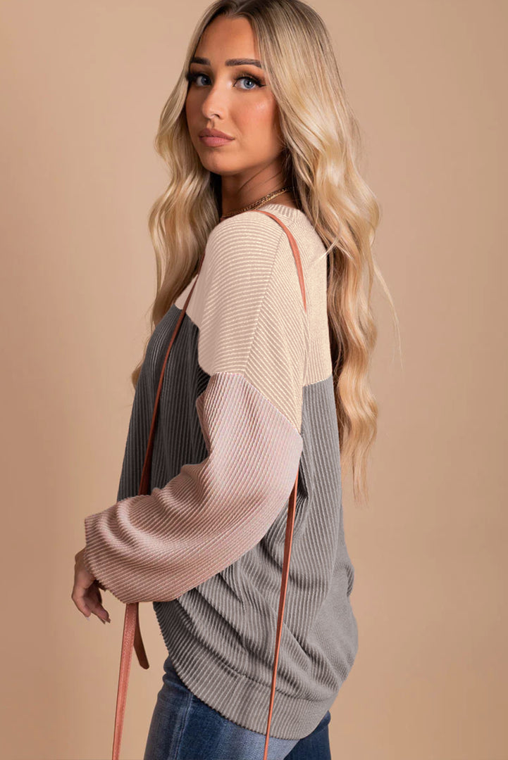 Multicolor Color Block Long Sleeve Ribbed Loose Top - Fashion Queen -  3