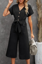 Load image into Gallery viewer, Black Dolman Button Belted V Neck Wide Leg Pocketed Jumpsuit
