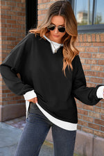 Load image into Gallery viewer, Black Contrast Ribbed Color Block Patchwork Baggy Sweatshirt - Fashion Queen -  1
