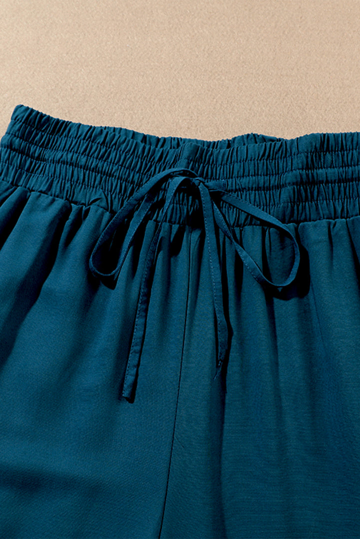 Blue Drawstring Elastic Waist Casual Wide Leg Pants
