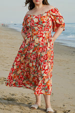 Load image into Gallery viewer, Orange Floral V Neck Flutter Sleeve Cinched Waist Long Plus Size Dress
