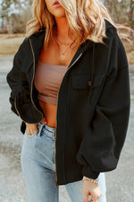 Load image into Gallery viewer, Black Flap Pocket Drawstring Hood Zip Up Jacket
