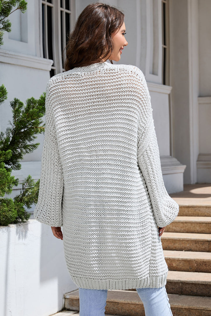 White Chunky Oversize Knit Drop Shoulder Puff Sleeve Cardigan