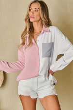 Load image into Gallery viewer, Dusty Pink Color Block/Pure Color Patch Pocket Shirt - Fashion Queen -  12
