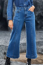 Load image into Gallery viewer, Dark Blue Plain Seam Detail Flared Bottom Ankle Length Jeans - Fashion Queen -  1

