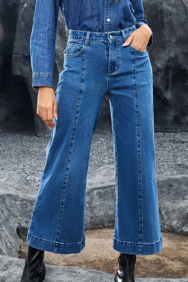 Dark Blue Plain Seam Detail Flared Bottom Ankle Length Jeans - Fashion Queen -  1