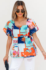 Load image into Gallery viewer, Sky Blue Tropical Printed Square Neck Flutter Sleeve Babydoll Blouse
