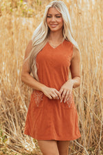 Load image into Gallery viewer, Gold Flame Corduroy Western Embroidered Patched Pocket Shift Sleeveless Mini Dress

