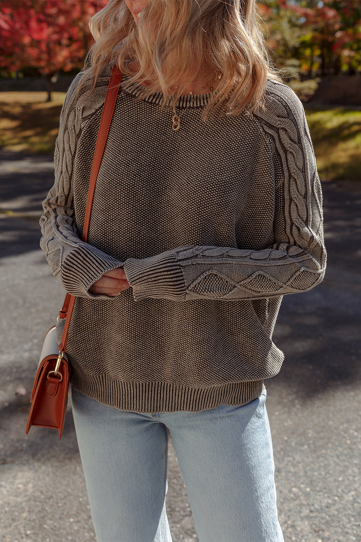 Dark Brown Contrast Cable Knit Sleeve Casual Sweater - Fashion Queen -  8