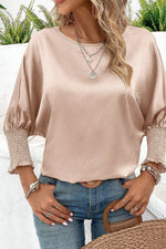Load image into Gallery viewer, Smoke Gray Shirred Dolman Sleeve Satin Blouse
