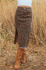 Load image into Gallery viewer, Brown Leopard Denim Frayed Split Denim Midi Skirt

