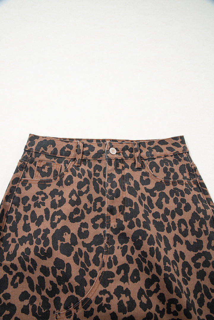 Brown Leopard Denim Frayed Split Denim Midi Skirt - Fashion Queen -  8