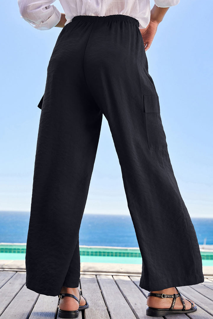 Black Drawstring Frilled Waist Wide Leg Utility Trousers