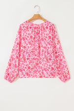 Load image into Gallery viewer, Pink Floral Puff Sleeve Split Neck Lightweight Blouse - Fashion Queen -  5
