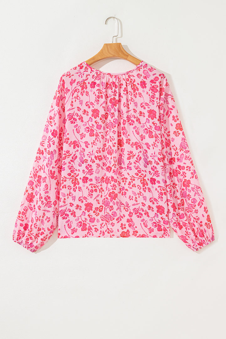 Pink Floral Puff Sleeve Split Neck Lightweight Blouse - Fashion Queen -  5