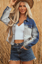 Load image into Gallery viewer, Dusk Blue Color Block Patchwork Flap Detail Distress Denim Jacket
