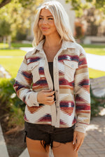 Load image into Gallery viewer, Multicolour Western Aztec Striped Patchwork Double Flap Pocket Raw Hem Shacket
