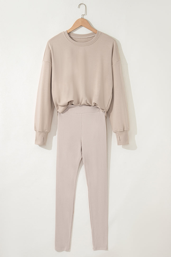 Jet Stream Solid Color Oversize Slit Sweatshirt Ribbed Leggings 2pcs Set