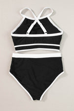 Load image into Gallery viewer, Blue Contrast Trim Crisscross Back High Waisted Bikini - Fashion Queen -  23
