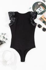 Load image into Gallery viewer, Black Leatherette Ruffle Patchwork Ribbed V Neck Bodysuit
